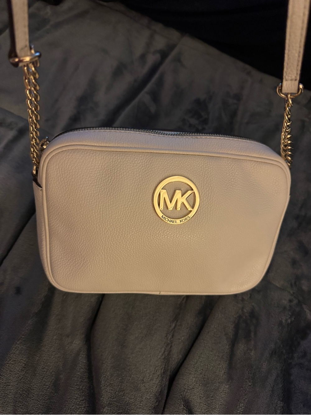 Michael Kors Light Beige Pebbled Leather Crossbody with Gold MK Emblem